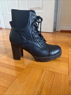 Brash Black Lace-Up Chunky Heel Ankle Boots